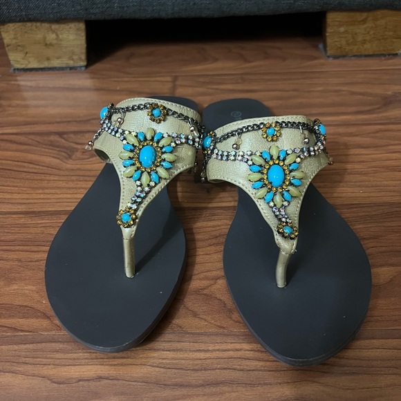 mendrez Shoes - Gold and Blue Ornate Sandals with Decorative Straps